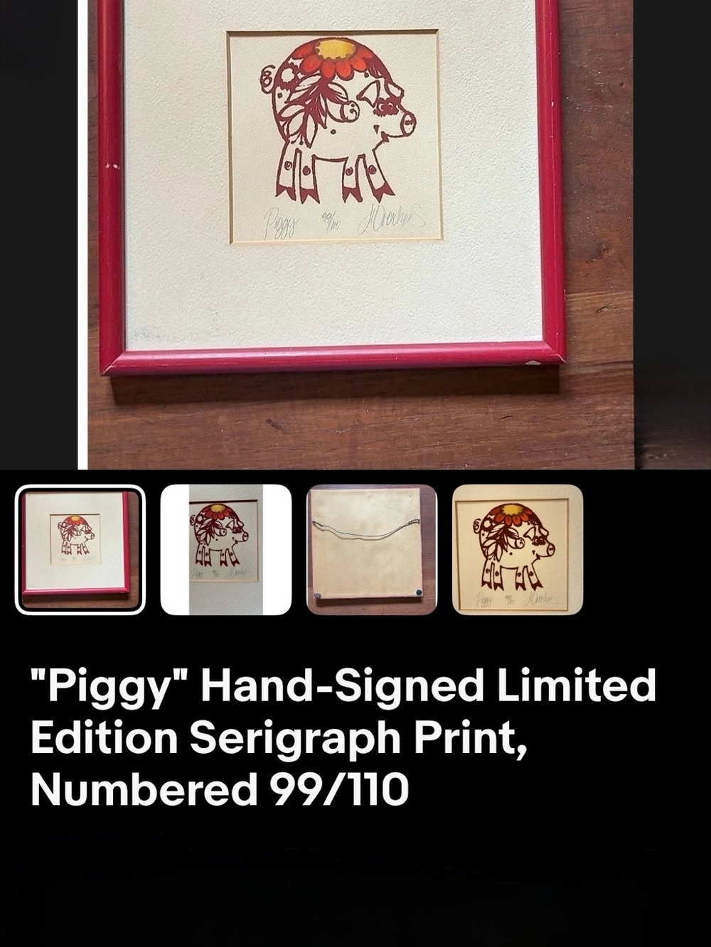 Hand-Signed Piggy Serigraph Art Print in Red Frame no glass